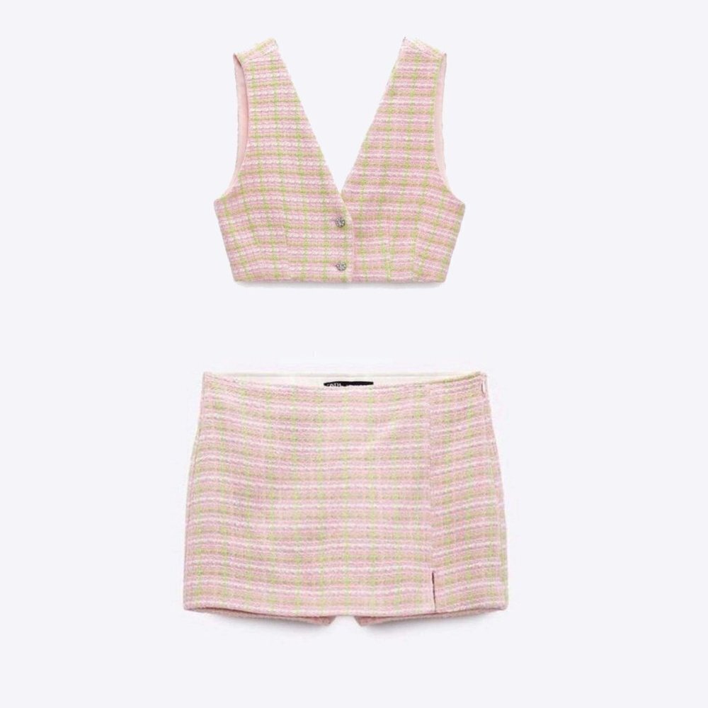 NWOT Zara pink, green & white textured tweed-like cropped waistcoat & skort set